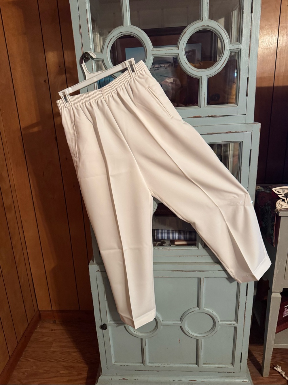 Ladies Cream Elastic Waist Casual Pants Size 14 Petite Bend Over B10